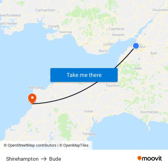 Shirehampton to Bude map