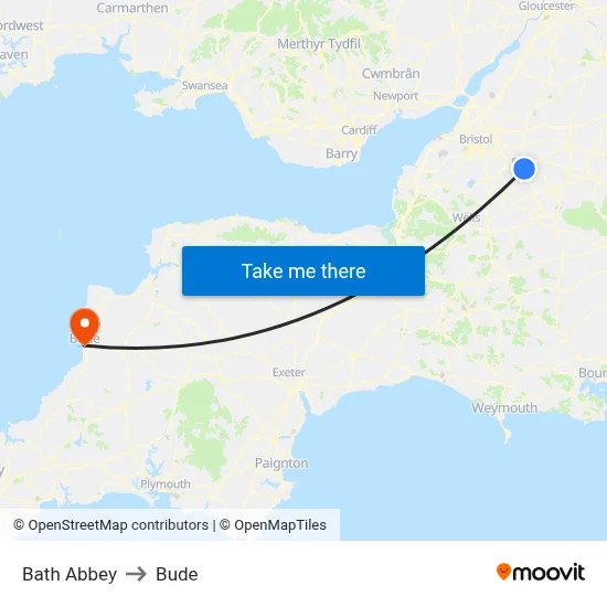 Bath Abbey to Bude map
