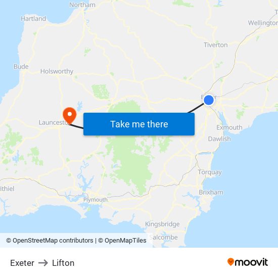Exeter to Lifton map
