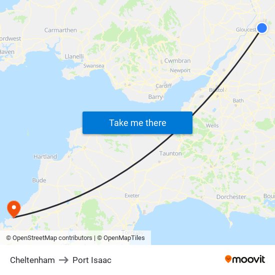 Cheltenham to Port Isaac map