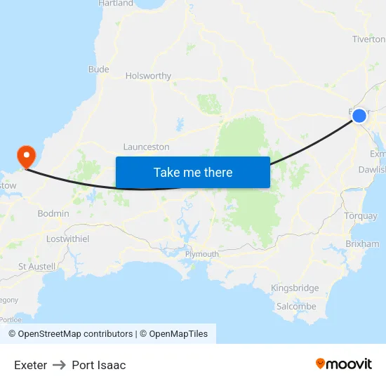 Exeter to Port Isaac map