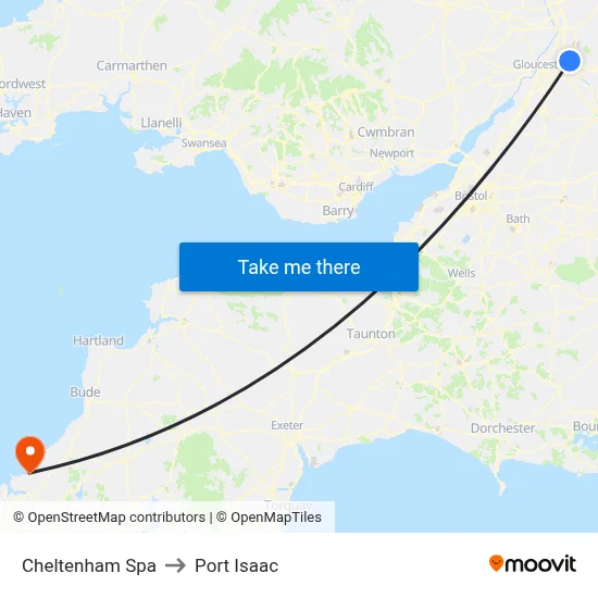 Cheltenham Spa to Port Isaac map
