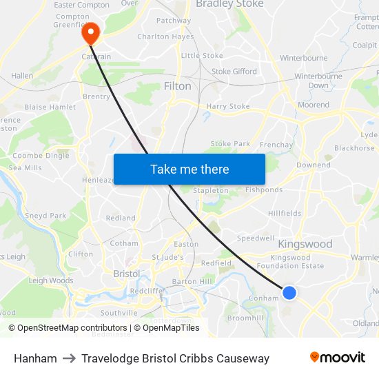 Hanham to Travelodge Bristol Cribbs Causeway map