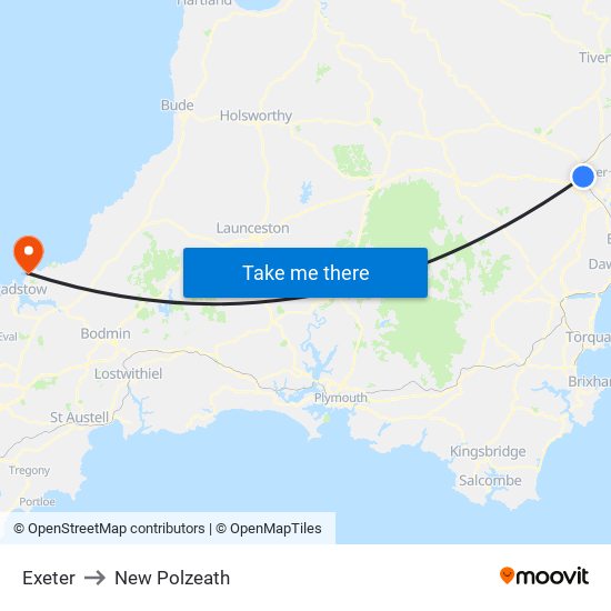 Exeter to New Polzeath map