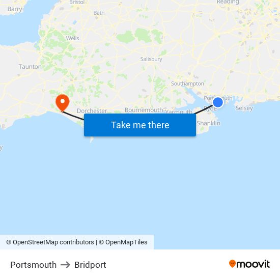 Portsmouth to Bridport map