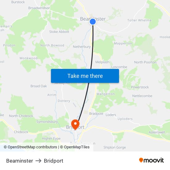 Beaminster to Bridport map