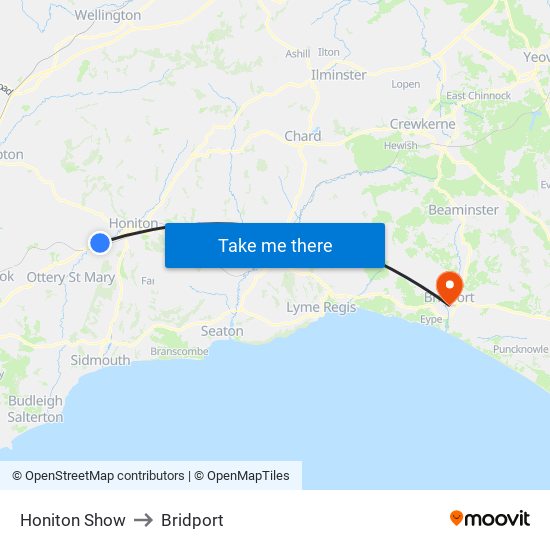 Honiton Show to Bridport map