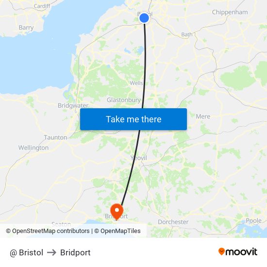 @ Bristol to Bridport map