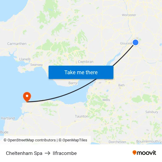 Cheltenham Spa to Ilfracombe map