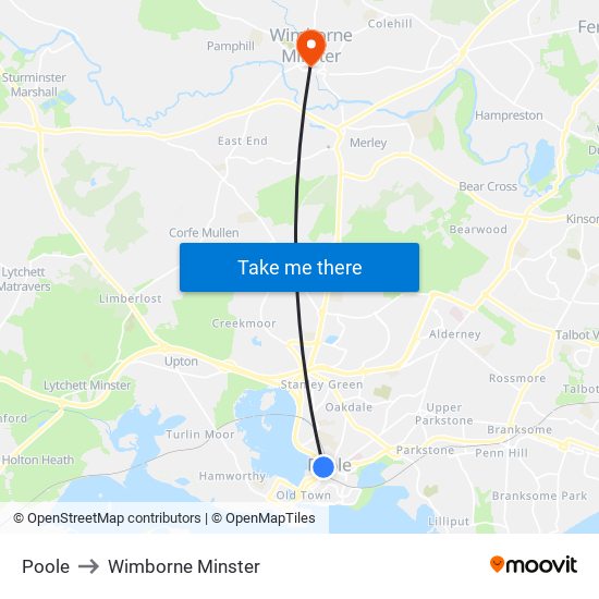 Poole to Wimborne Minster map