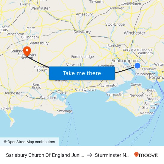 Sarisbury Church Of England Junior School to Sturminster Newton map