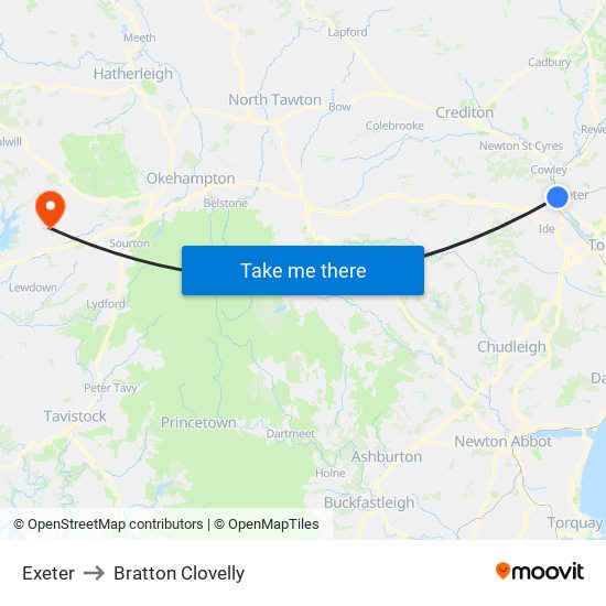 Exeter to Bratton Clovelly map