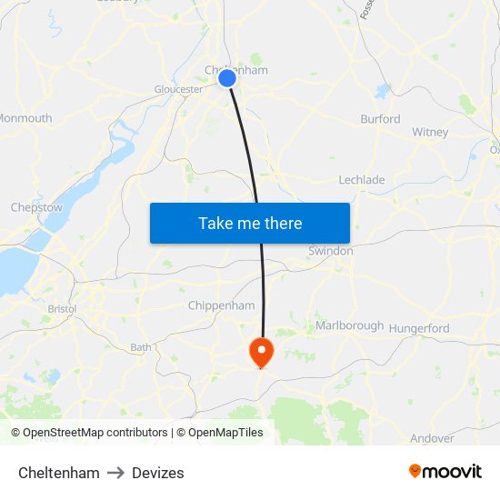 Cheltenham to Devizes map