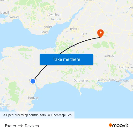 Exeter to Devizes map