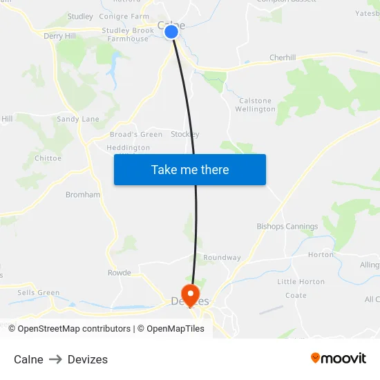 Calne to Devizes map