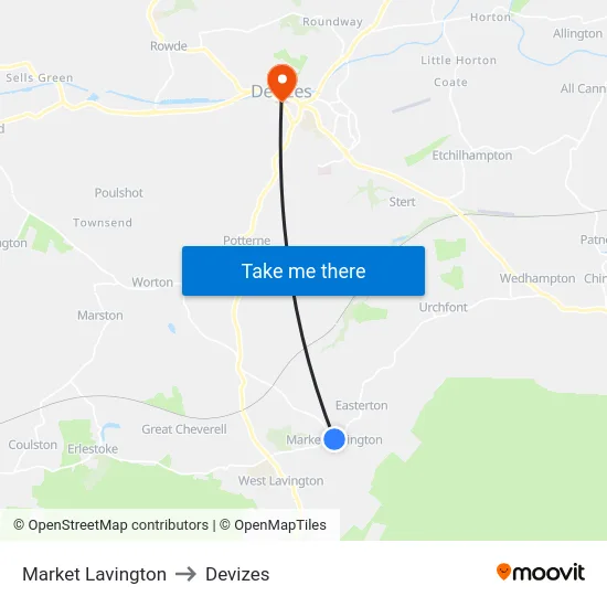 Market Lavington to Devizes map