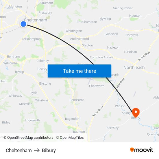 Cheltenham to Bibury map