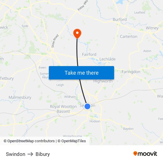 Swindon to Bibury map