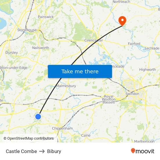 Castle Combe to Bibury map