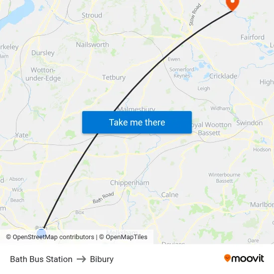 Bath Bus Station to Bibury map