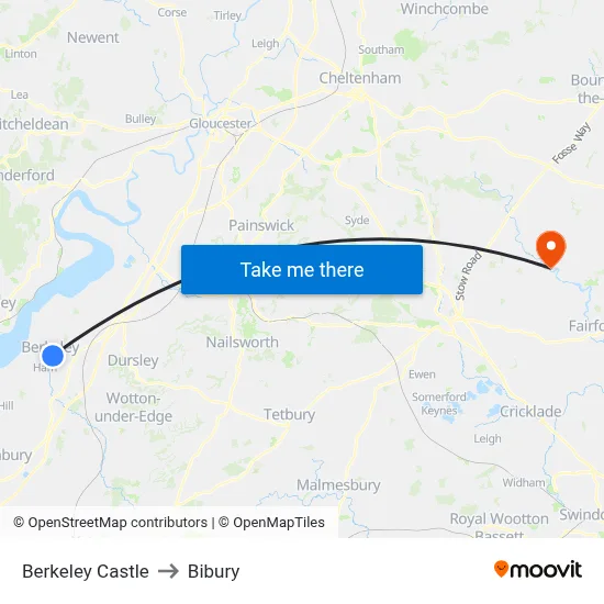 Berkeley Castle to Bibury map