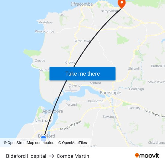 Bideford Hospital to Combe Martin map