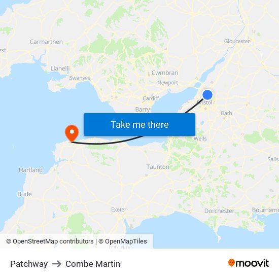 Patchway to Combe Martin map