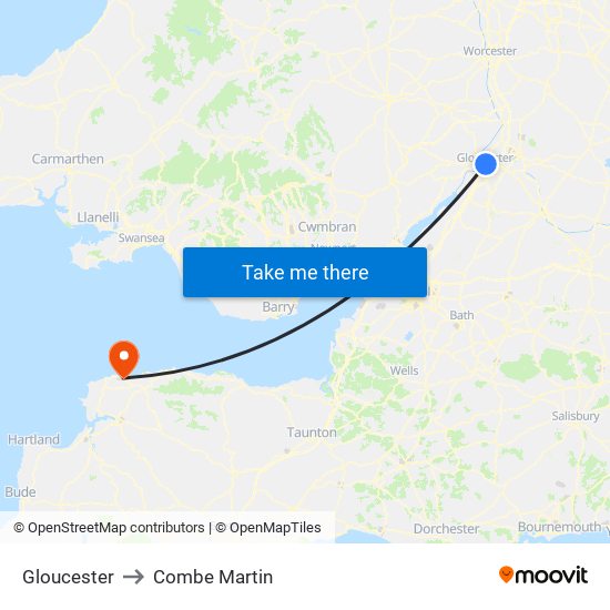 Gloucester to Combe Martin map