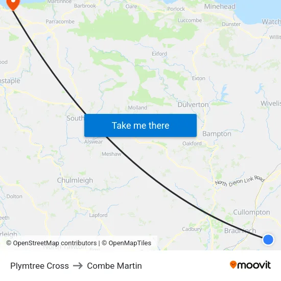 Plymtree Cross to Combe Martin map