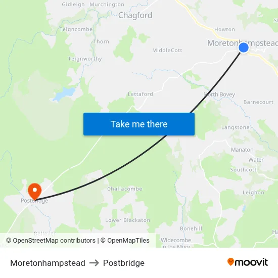 Moretonhampstead to Postbridge map