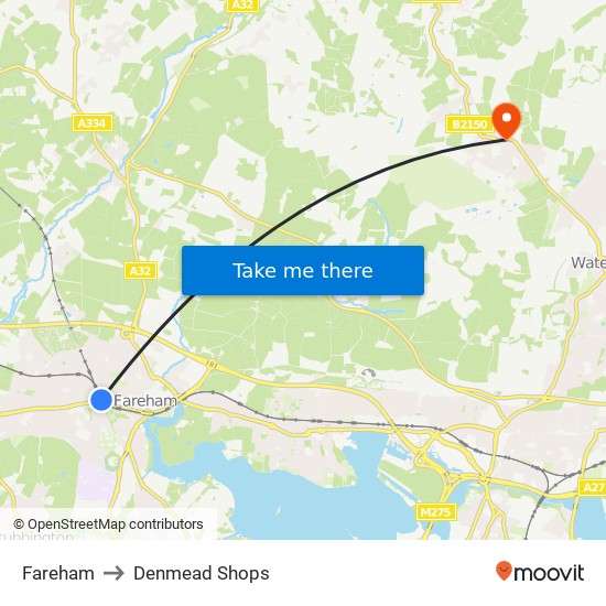 Fareham to Denmead Shops map