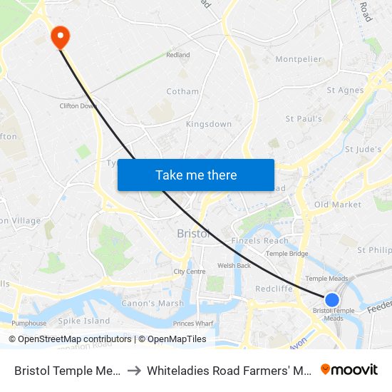 Bristol Temple Meads to Whiteladies Road Farmers' Market map
