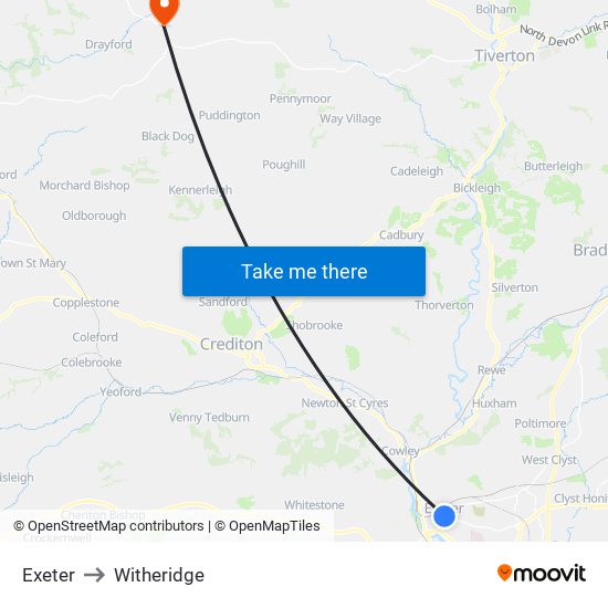 Exeter to Witheridge map