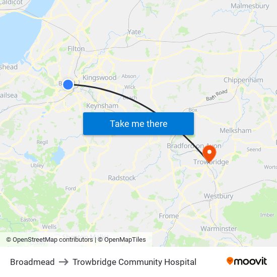 Broadmead to Trowbridge Community Hospital map