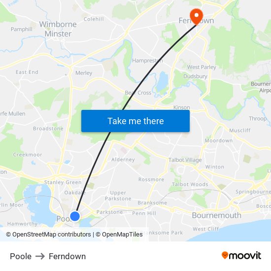 Poole to Ferndown map