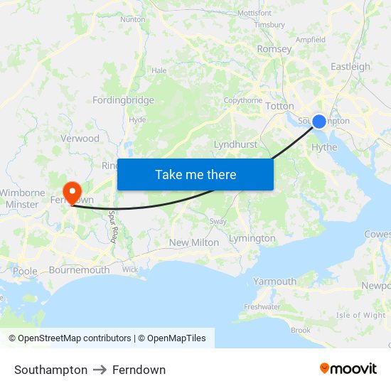 Southampton to Ferndown map