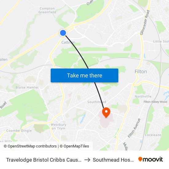 Travelodge Bristol Cribbs Causeway to Southmead Hospital map