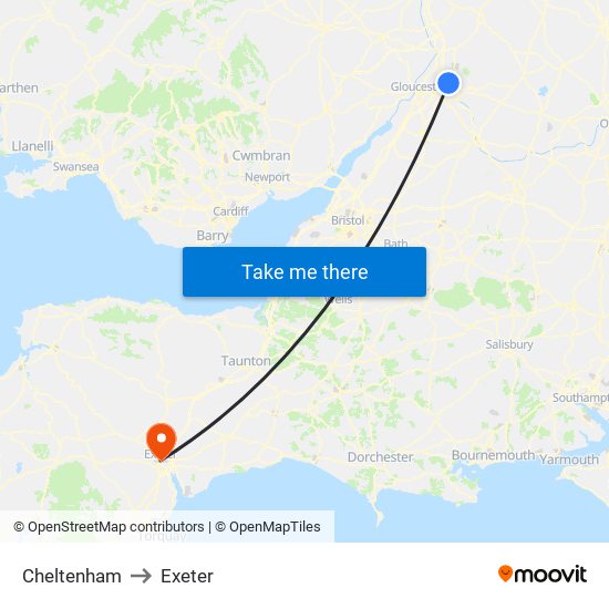 Cheltenham to Exeter map