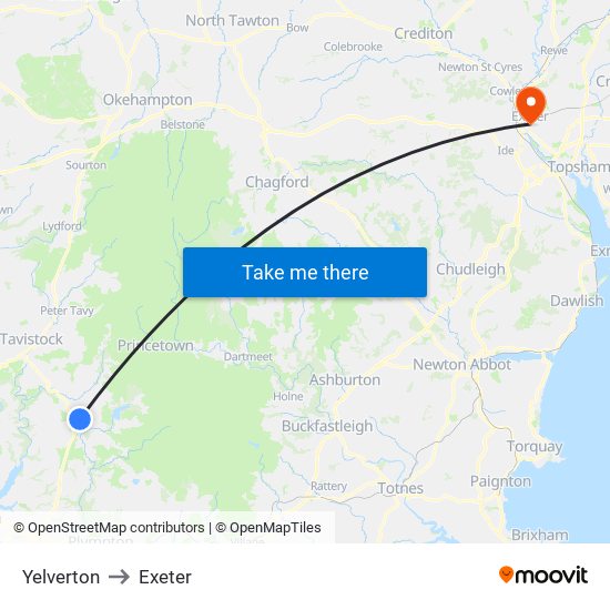 Yelverton to Exeter map