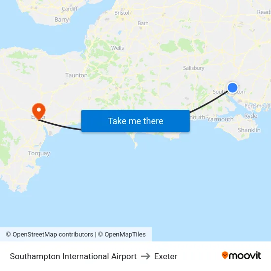 Southampton International Airport to Exeter map