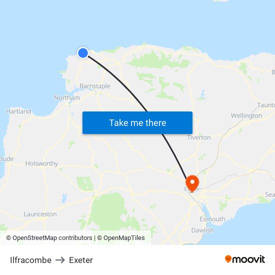 Ilfracombe to Exeter map