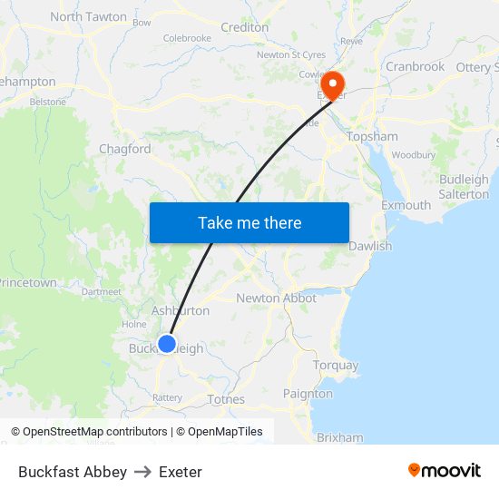 Buckfast Abbey to Exeter map