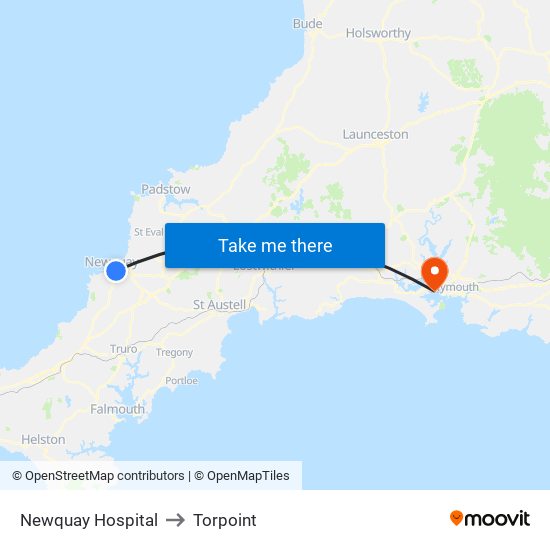 Newquay Hospital to Torpoint map