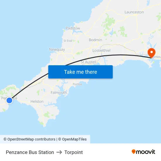 Penzance Bus Station to Torpoint map