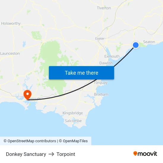 Donkey Sanctuary to Torpoint map
