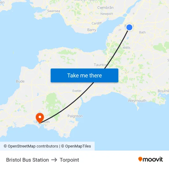 Bristol Bus Station to Torpoint map