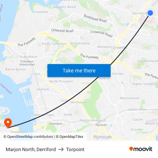 Marjon North, Derriford to Torpoint map