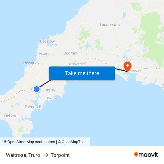 Waitrose, Truro to Torpoint map