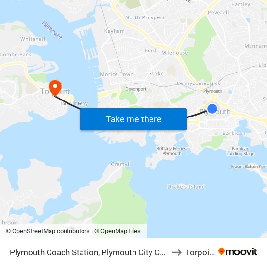 Plymouth Coach Station, Plymouth City Centre to Torpoint map
