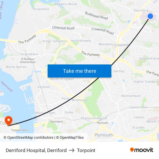 Derriford Hospital, Derriford to Torpoint map